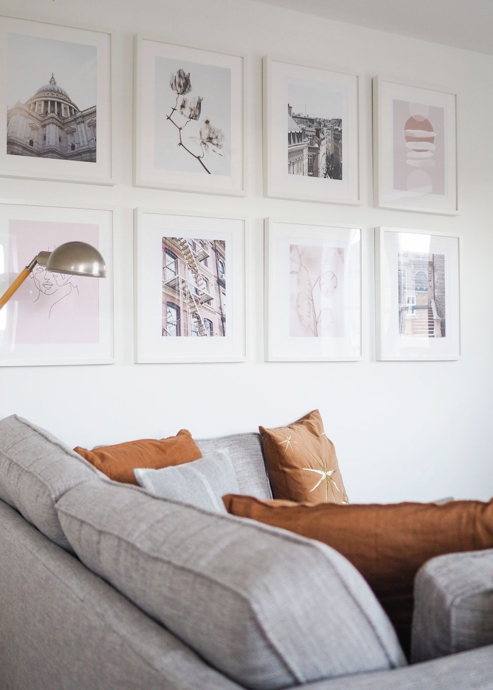 symmetrical gallery wall in living room