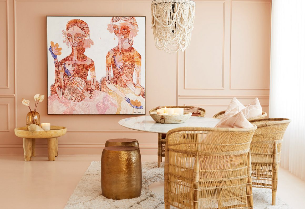 Pink, nude, gold and rattan office interior design inspiration
